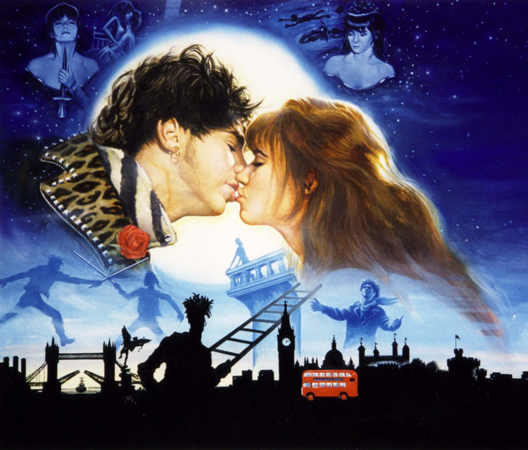 Original painted poster artwork for The Punk: David and Rachel kiss against a full moon above the London skyline