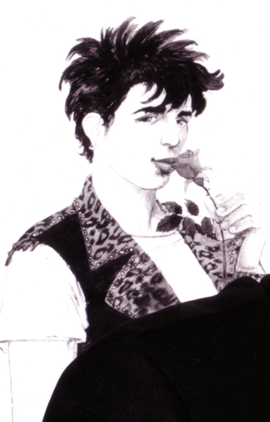 Pencil drawing of David in a leopard-print jacket, holding a rose
