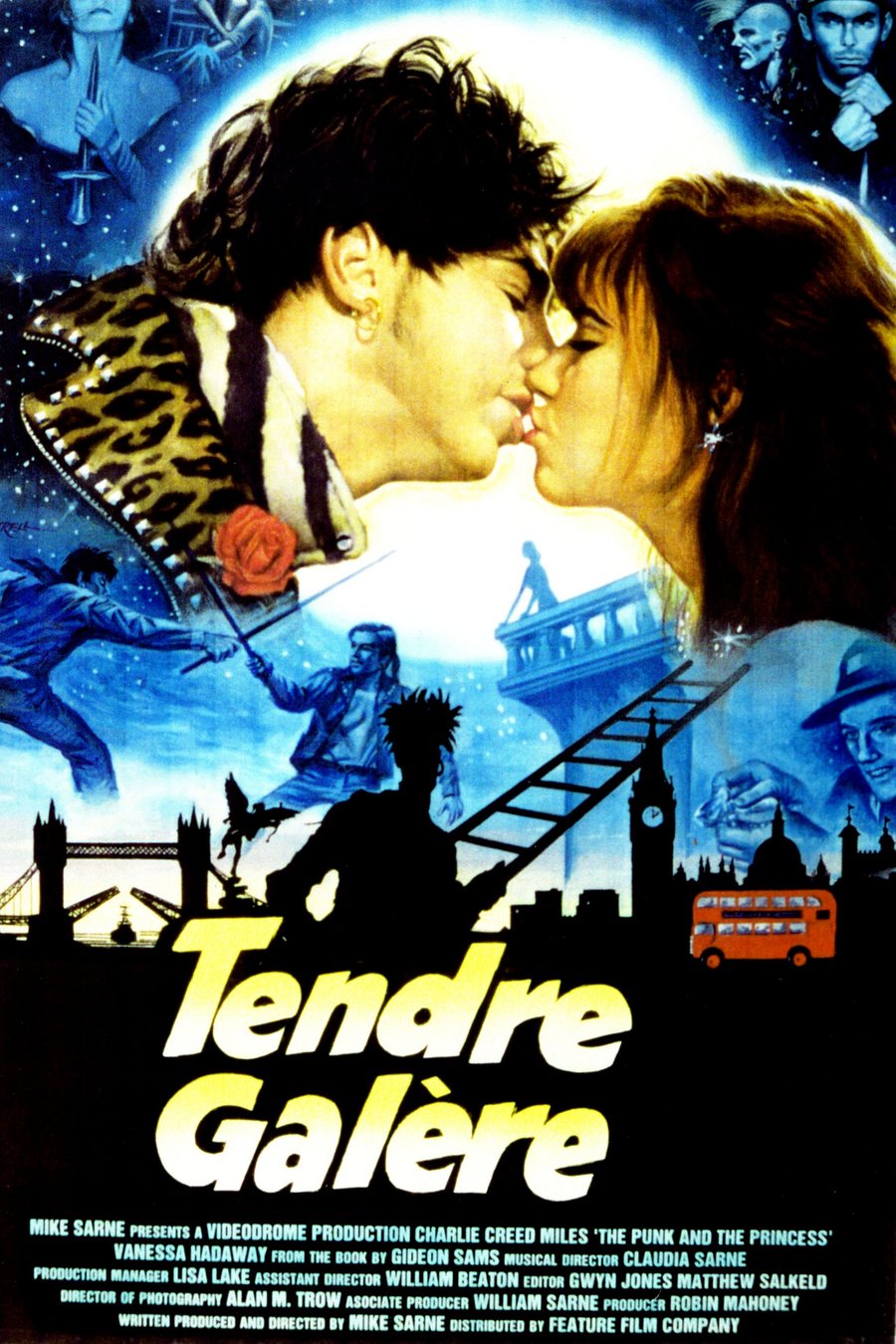 French poster, Tendre Galère: painted artwork of David and Rachel kissing over London