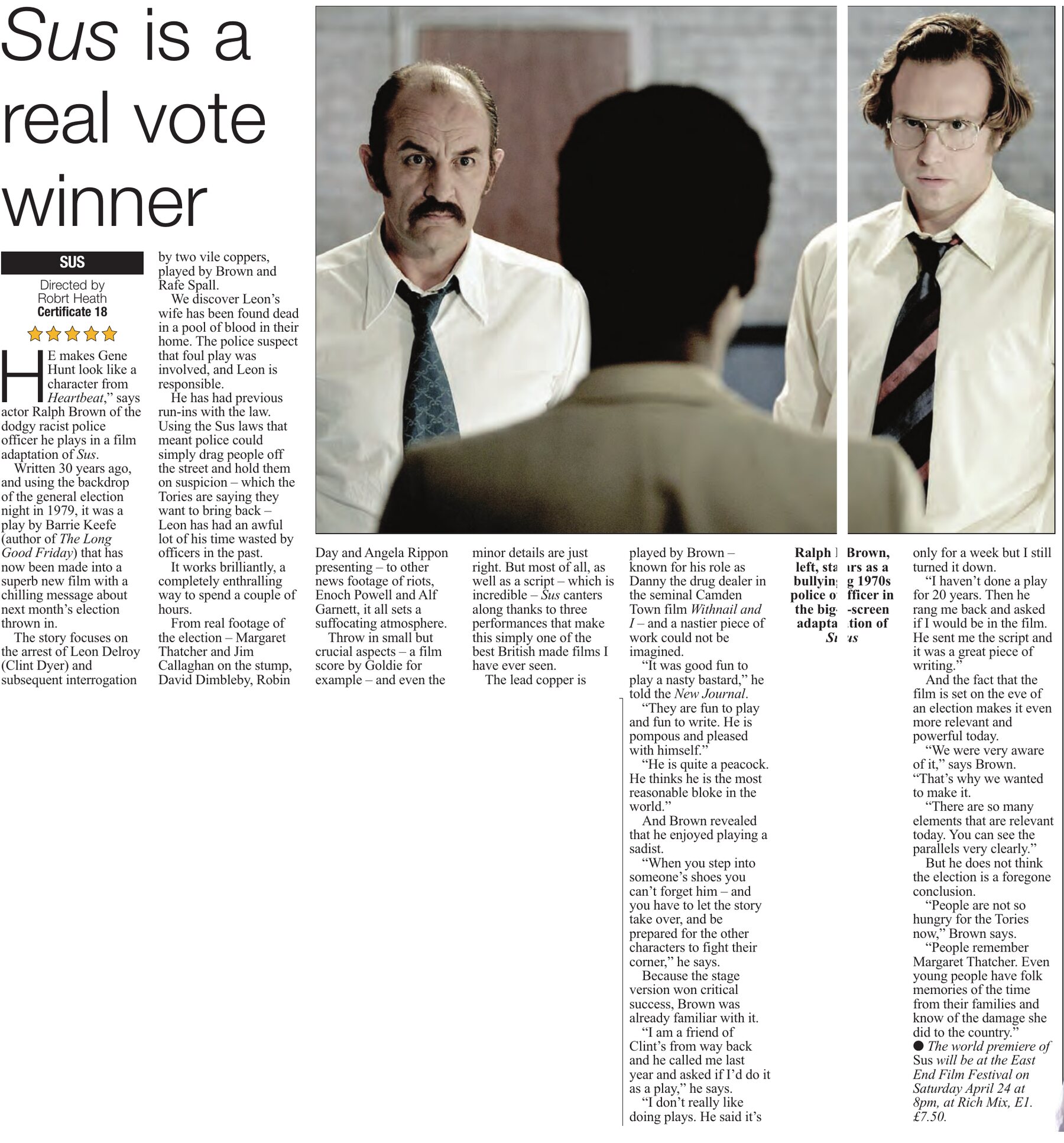Camden New Journal review page: Sus is a real vote winner, five stars, with a still of Ralph Brown and Rafe Spall