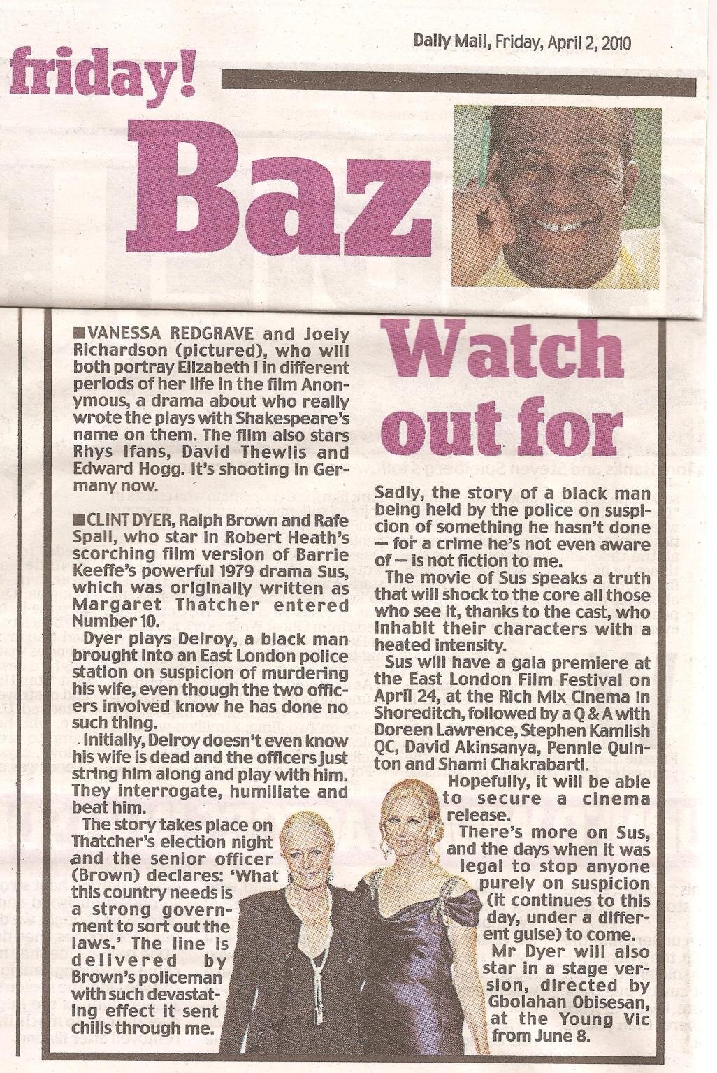 Daily Mail Baz Bamigboye column: Watch out for, on Sus
