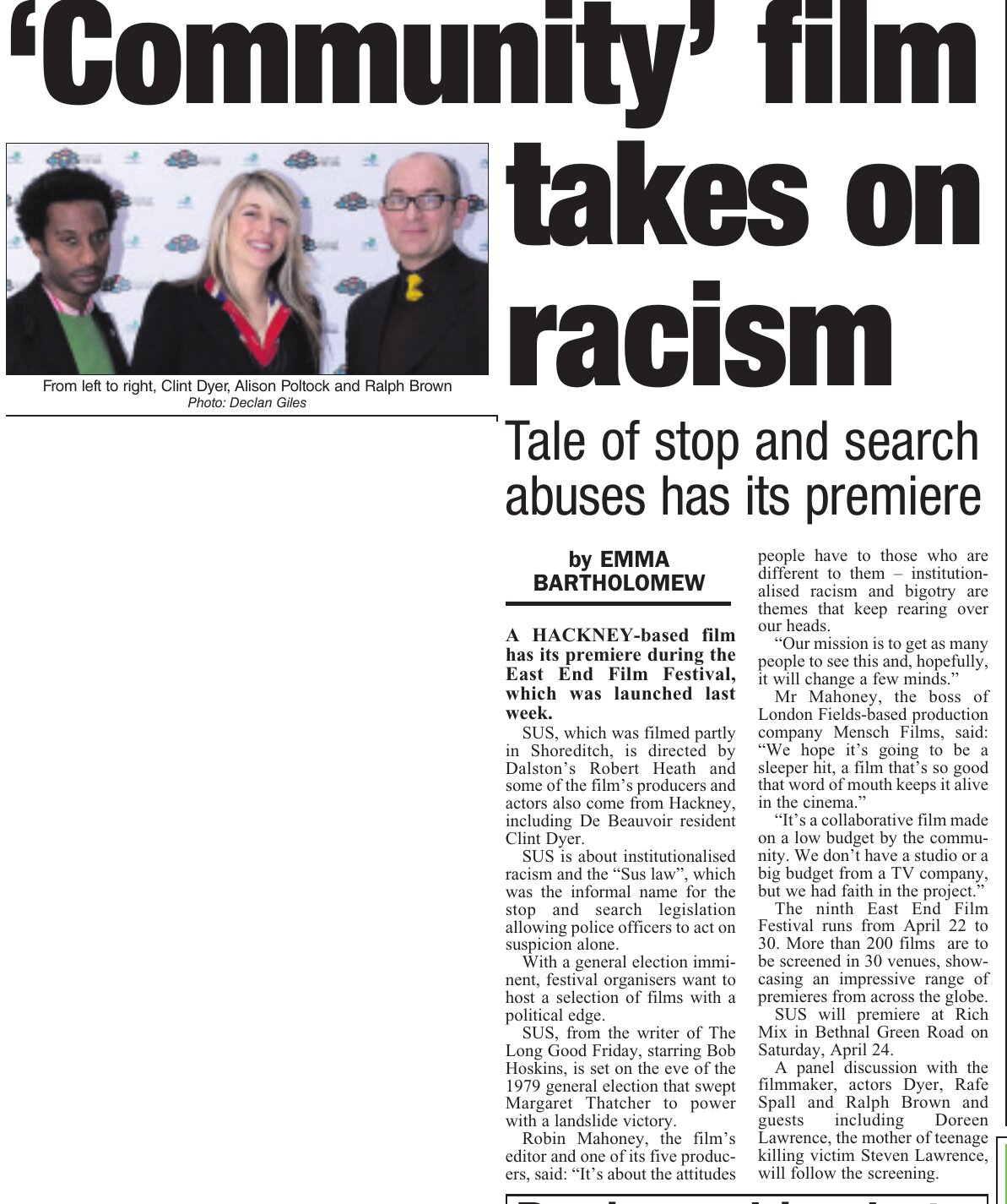 Hackney Gazette: Community film takes on racism, with Clint Dyer, Alison Poltock and Ralph Brown