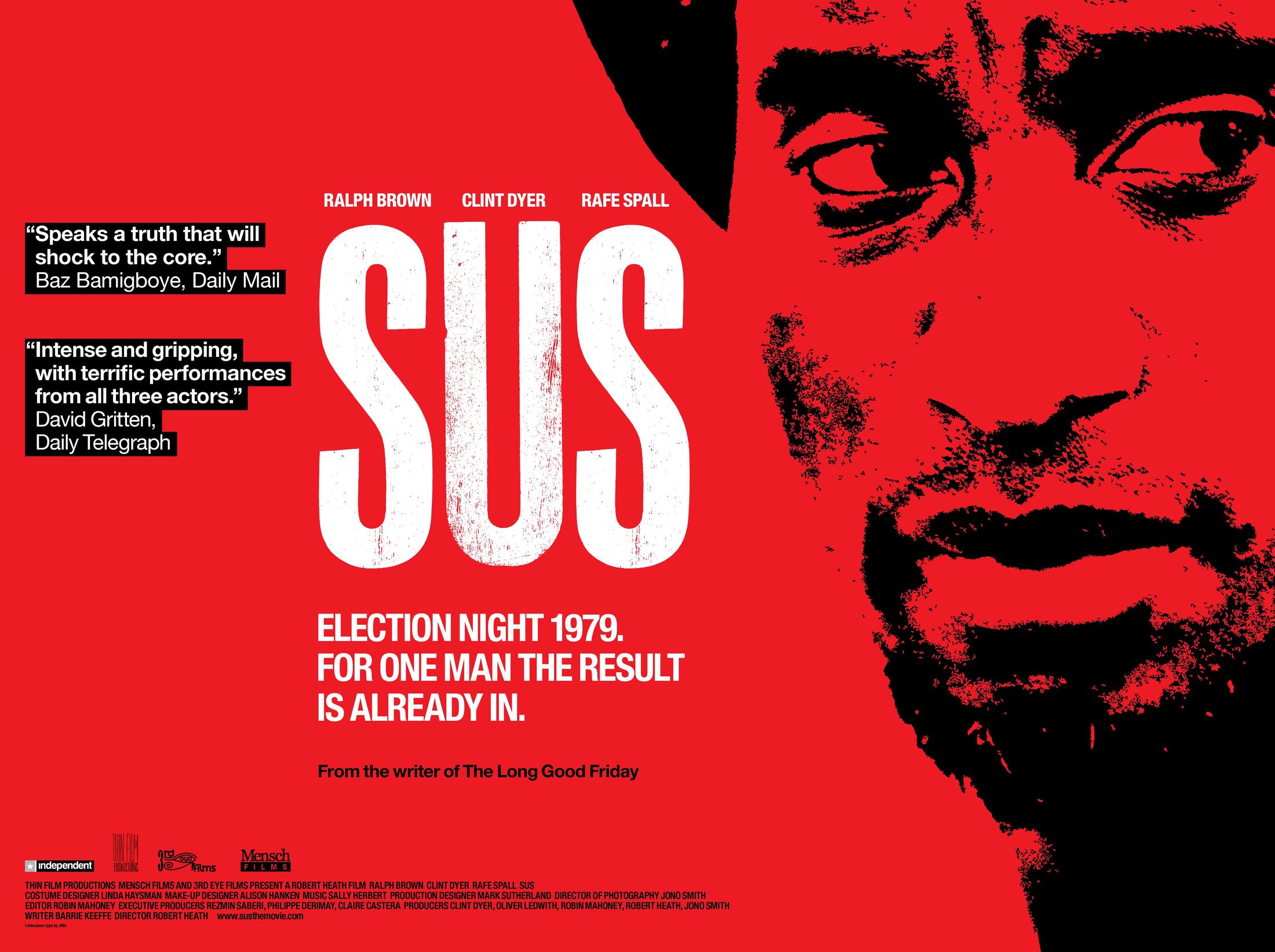 Sus quad poster: a face in black on red, with the line Election night 1979