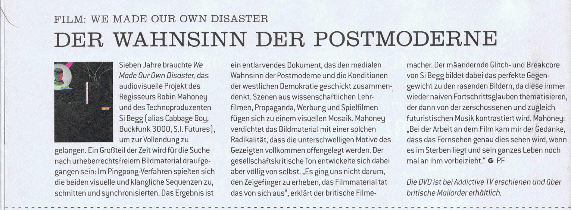 Groove magazine page: Film, We Made Our Own Disaster, Der Wahnsinn der Postmoderne, with the DVD sleeve
