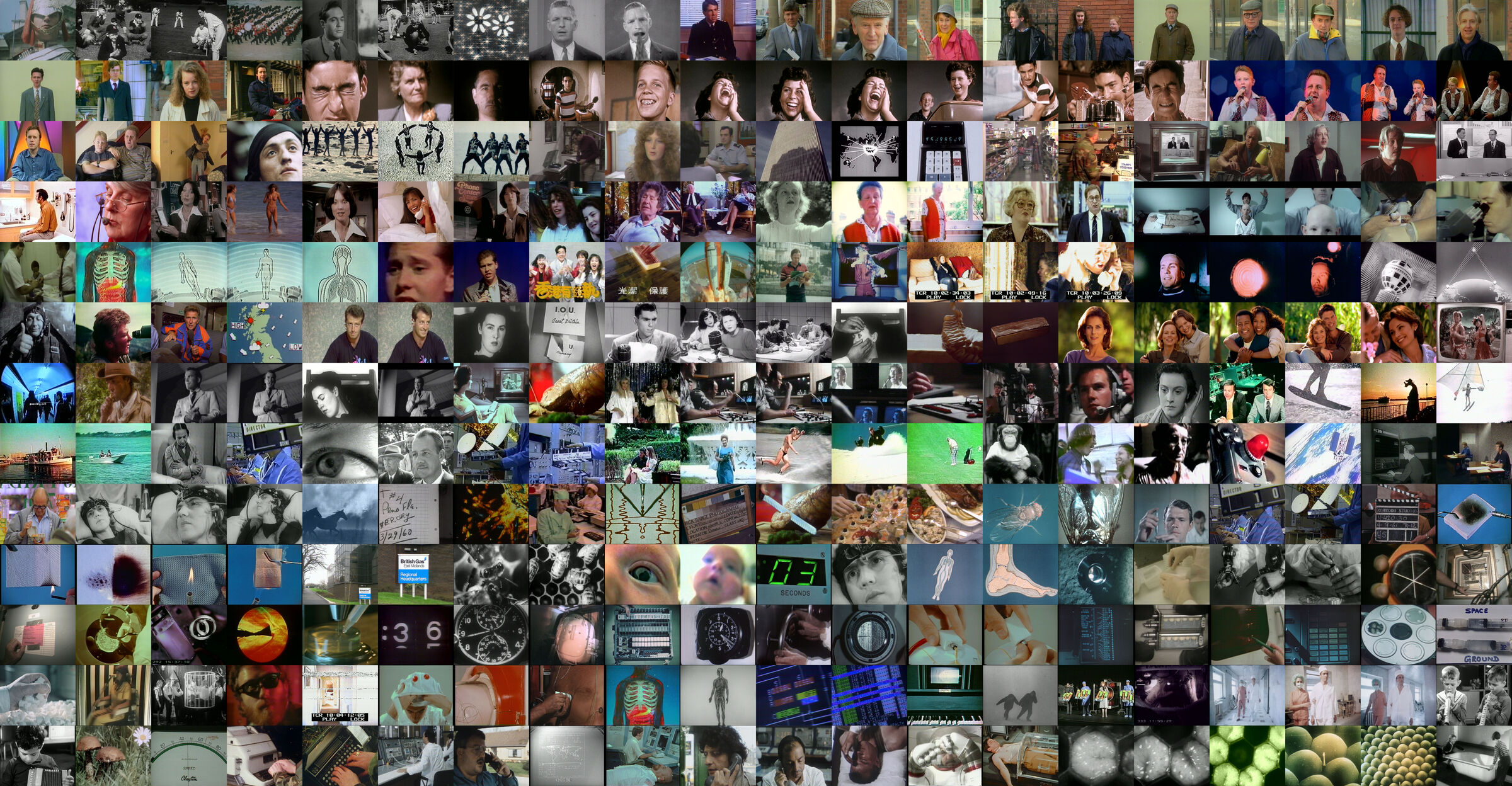 Grid of 260 frames from the film, from 1930s footage to 1990s video