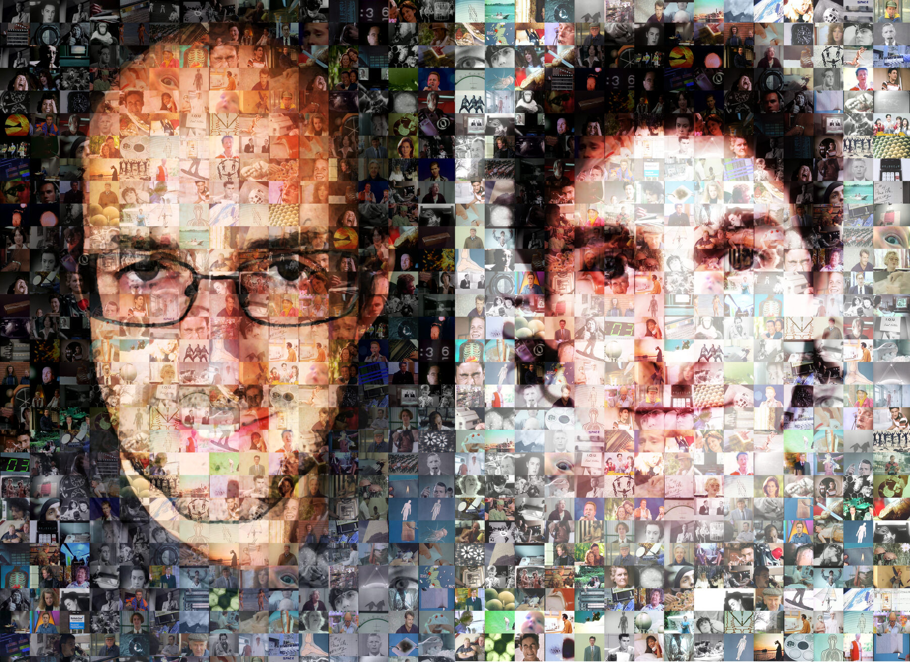 Photomosaic portrait of Robin Mahoney and Si Begg made from hundreds of frames of the film