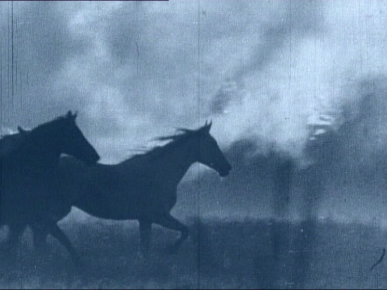 Horses galloping through smoke, tinted blue