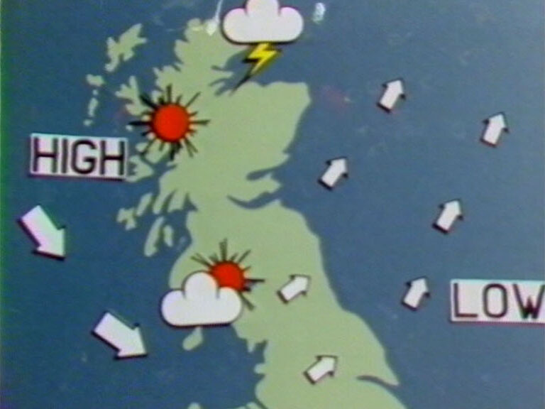 Television weather map of the British Isles with sun, cloud and lightning symbols