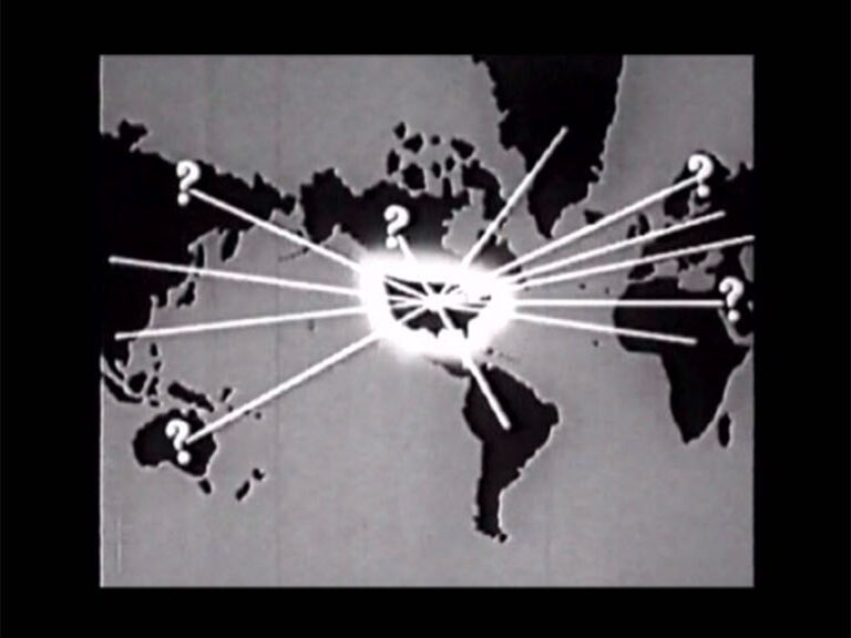 Black and white animated world map with question marks and lines radiating from America